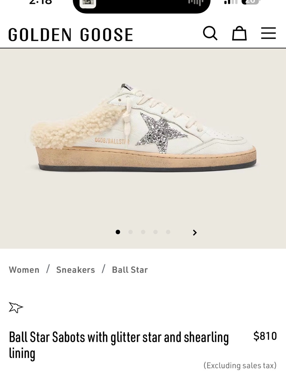 Golden Goose Cream Shearling Ball Star Sabot with Silver Glitter Star
